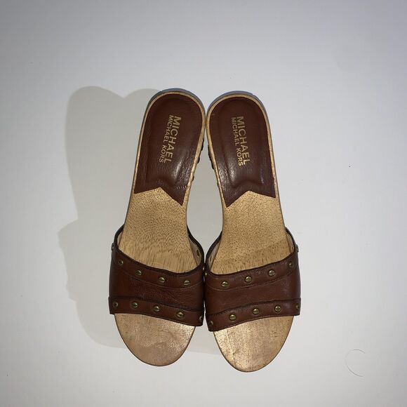 Michael Kors Shoes Womens 7.5 Leather Wood Platform Studded Wedge Sandals - Picture 5 of 9